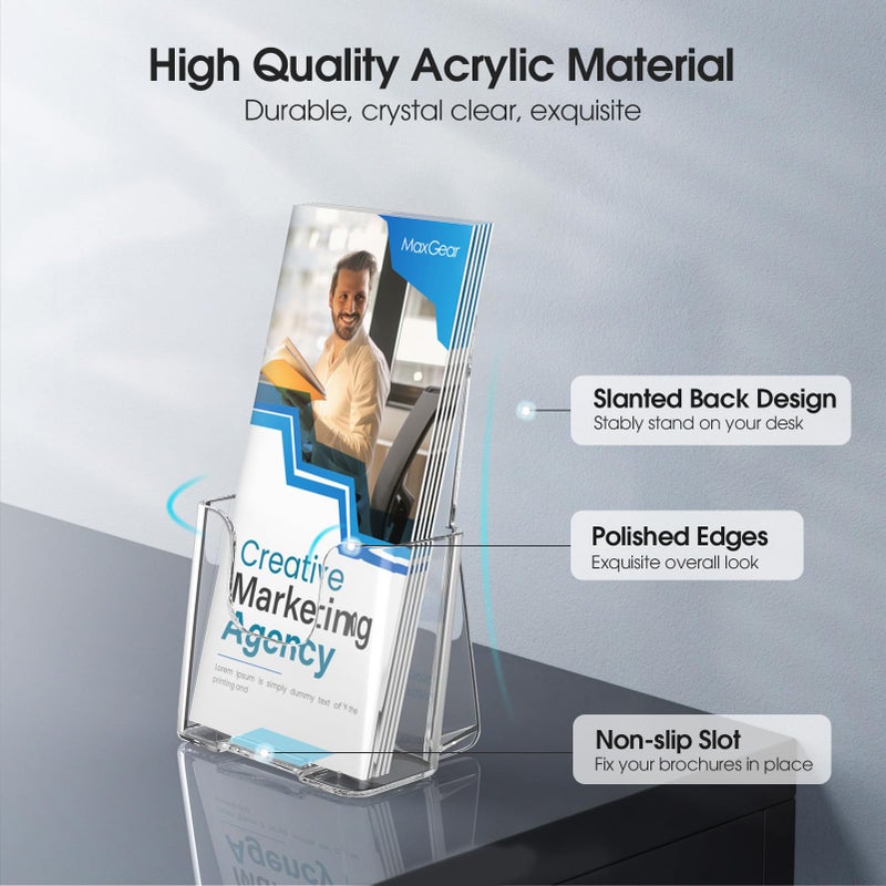 ماكسجير حامل كتيبات أكريليك من ماكس جير، عبوة من 6 قطع، حامل ثلاثي الطيات بعرض 4 بوصات، حامل بلاستيكي للمنشورات والكتيبات والنشرات الإعلانية وبطاقات العرض، حامل عرض شفاف يُثبت على الحائط، مناسب للاستخدام المكتبي أو المنزلي - Image 3